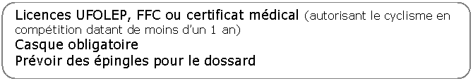 Rectangle à coins arrondis: Licences UFOLEP, FFC ou certificat médical (autorisant le cyclisme en compétition datant de moins d’un 1 an)
Casque obligatoire
Prévoir des épingles pour le dossard
